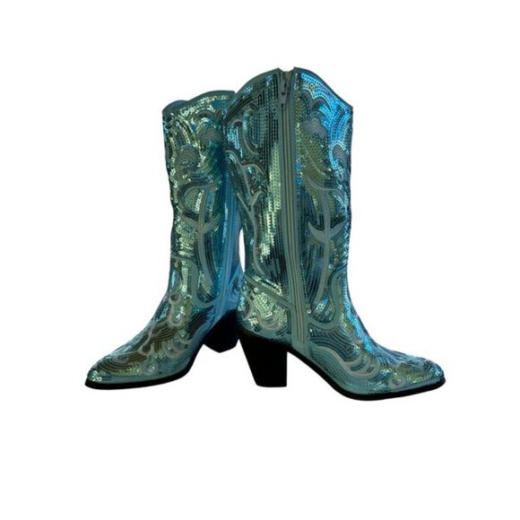 Women's Blue Sequin Mid Calf Cowboy Boot Size 7 - Picture 2 of 5